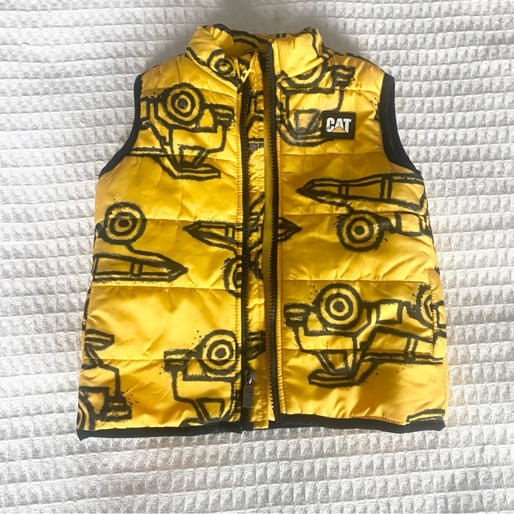 CAT Yellow Puffer Vest with Construction Truck Print